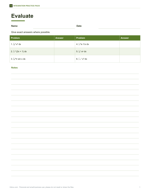 Preview of Printable Definite Integrals Worksheet