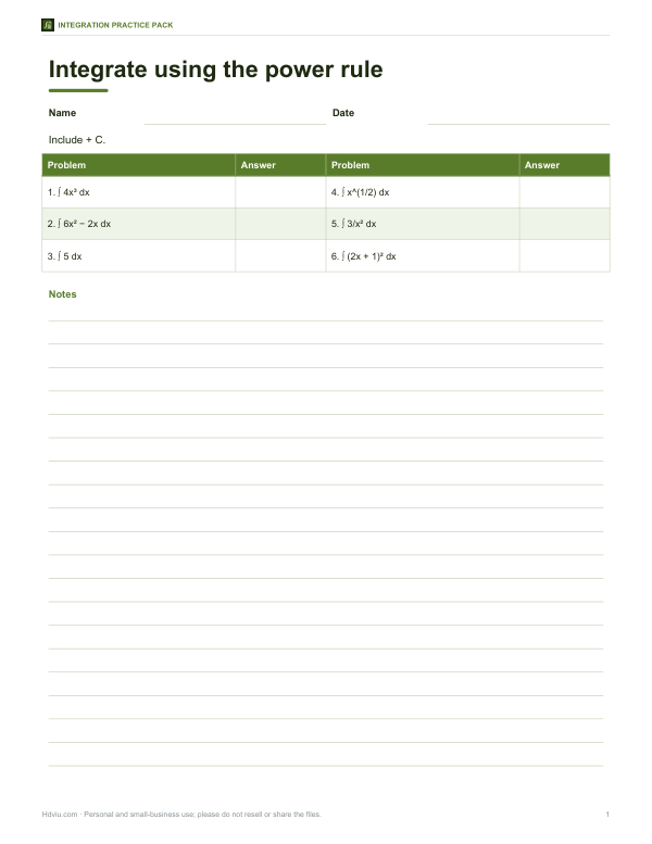 Preview of Printable Power Rule Integration Worksheet